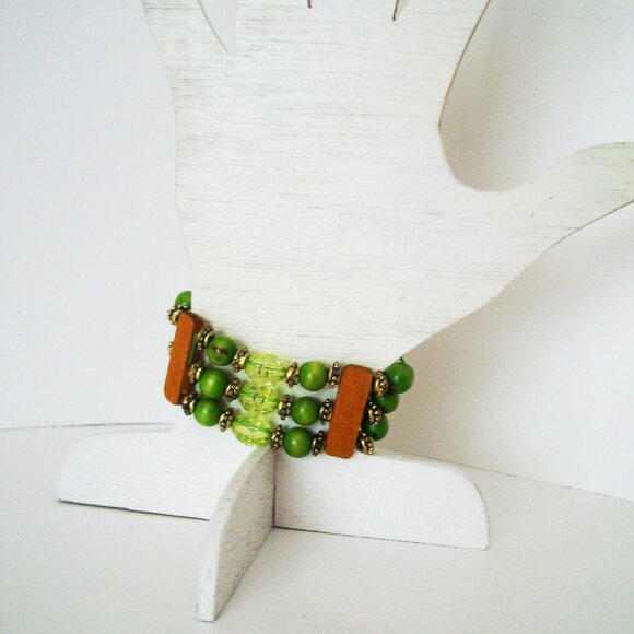 Green Boho Beaded Triple Strand Bracelet Earth Tone Golden Beads - Picture 3 of 7
